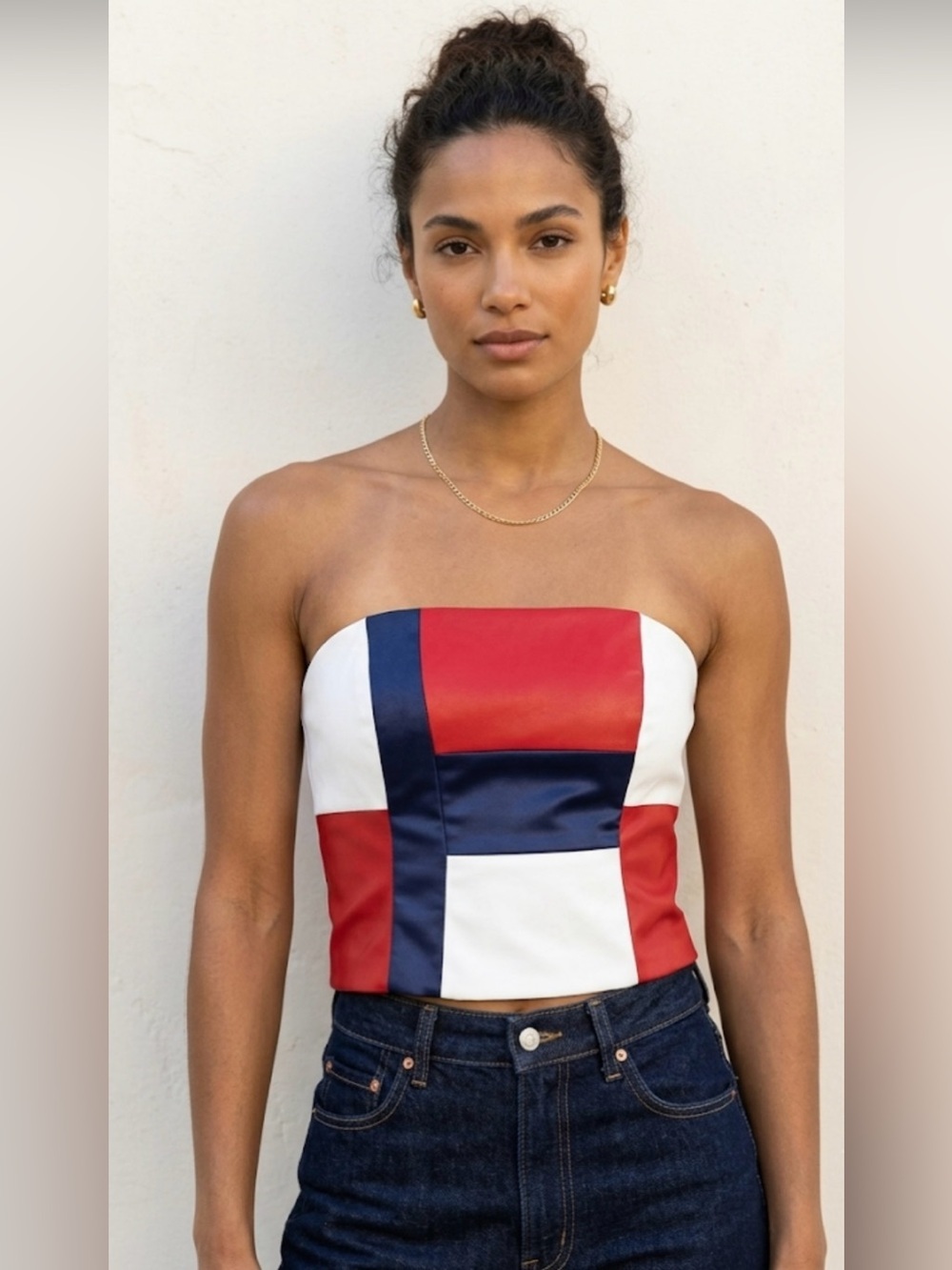 Jessica McClintock Red, White & Navy Strapless Colorblock Top